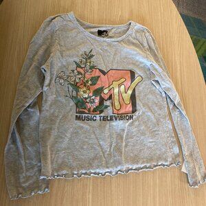 MTV Graphic T Shirt Youth XL Xtra Large Gray Pink Flower Lettuce Hem Long Sleeve
